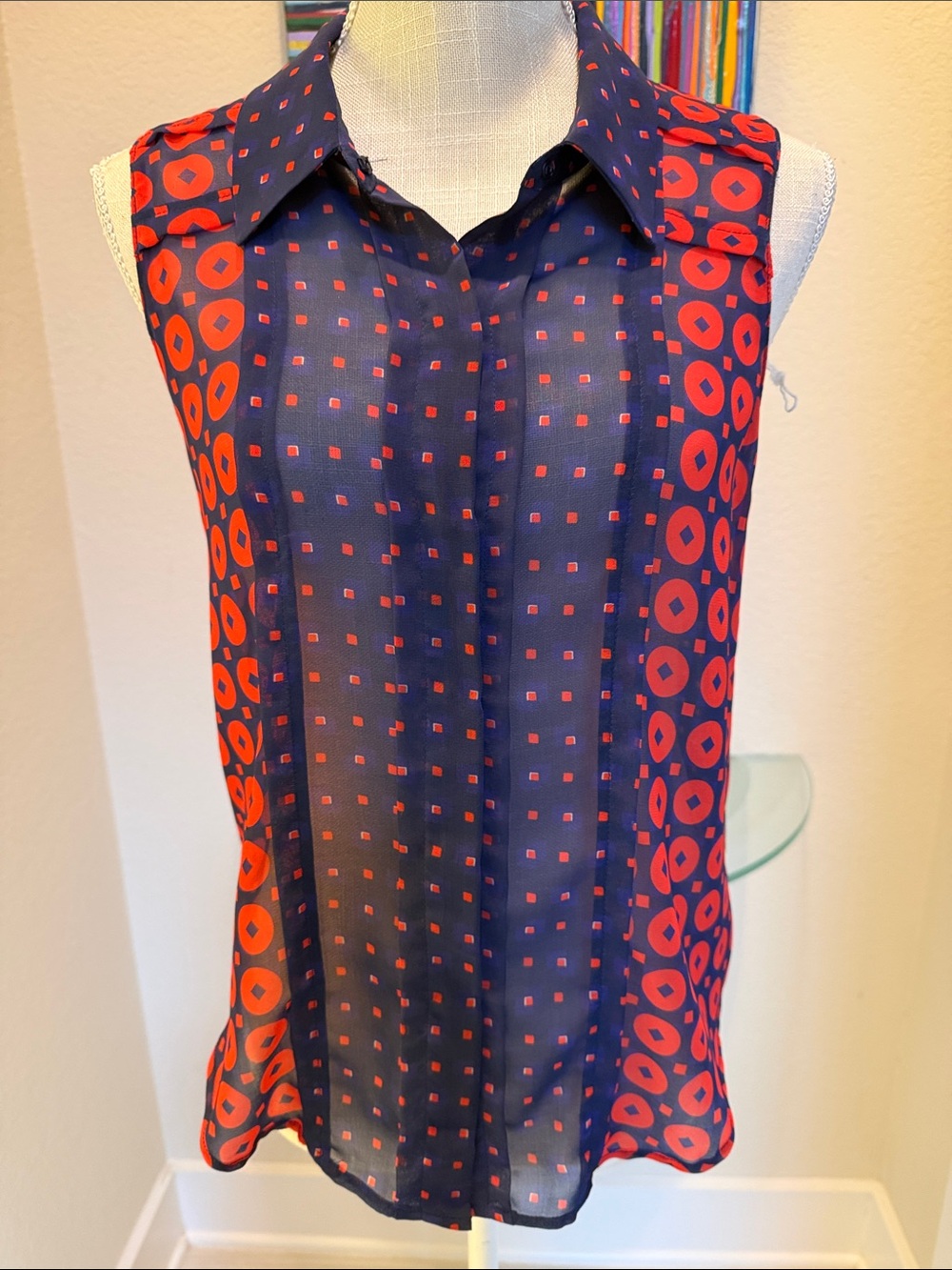 Rory Beca Navy and Red Sleeveless Silk Collared Camisole